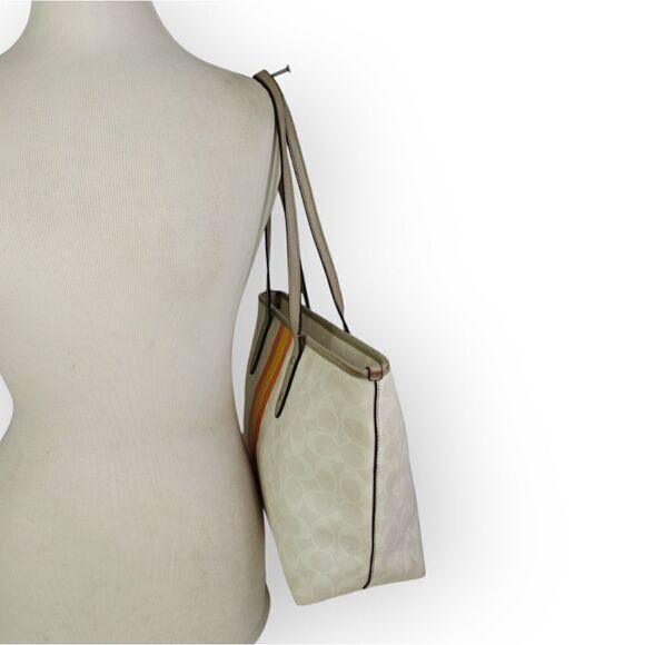 Coach Varsity Stripe City Zip Tote in Signature 38405 Silver/Chalk Orange Bag - Picture 3 of 13